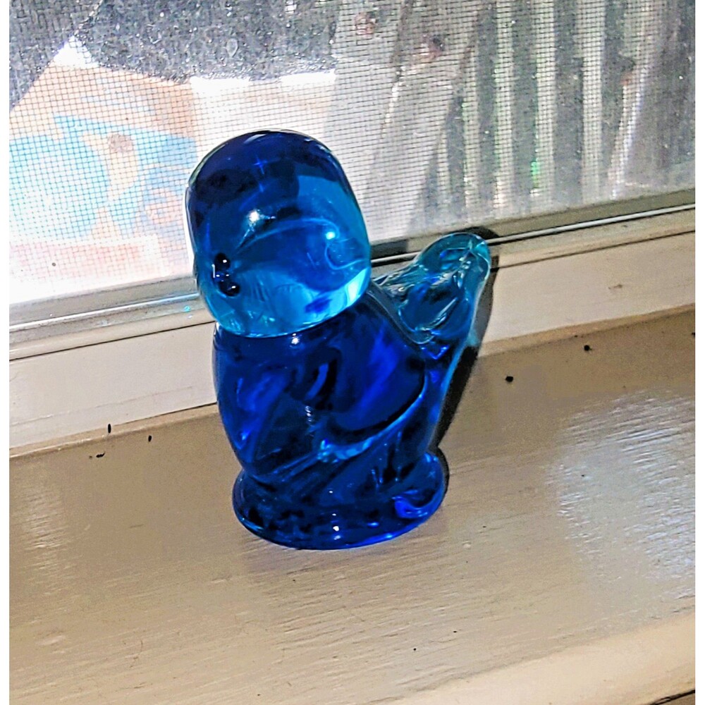 VTG Crystal Hand Blown Bluebird of Happiness Sea Blue Glass Figurine Signed 3"H